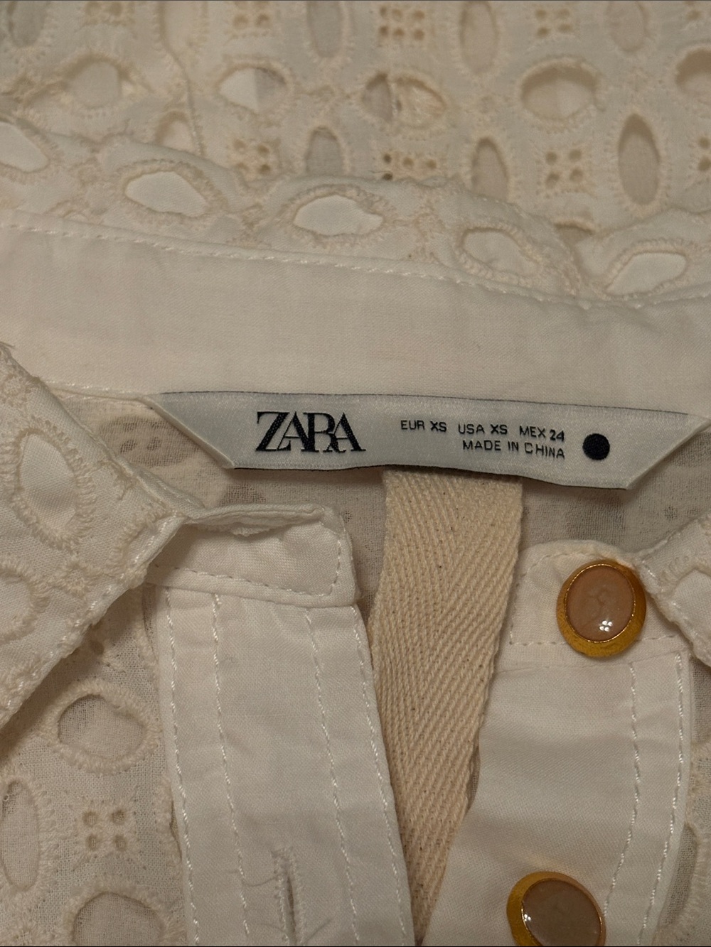 Zara Cream Eyelet Lace Long-Sleeve Shirt Dress with Gold Buttons - Picture 7 of 8